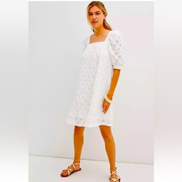Anthropologie Maeve Eyelet Mini Dress Sz XS White Puff Short Sleeve Flowy Boho - Picture 1 of 15